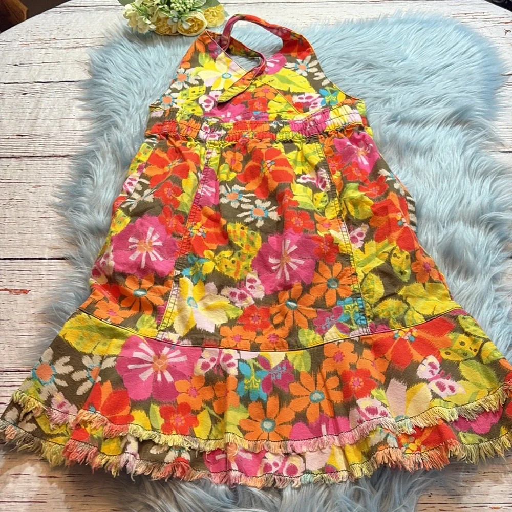 The Children’s Place Stretch Retro Floral Frayed Layer Halter Denim Dress sz 10